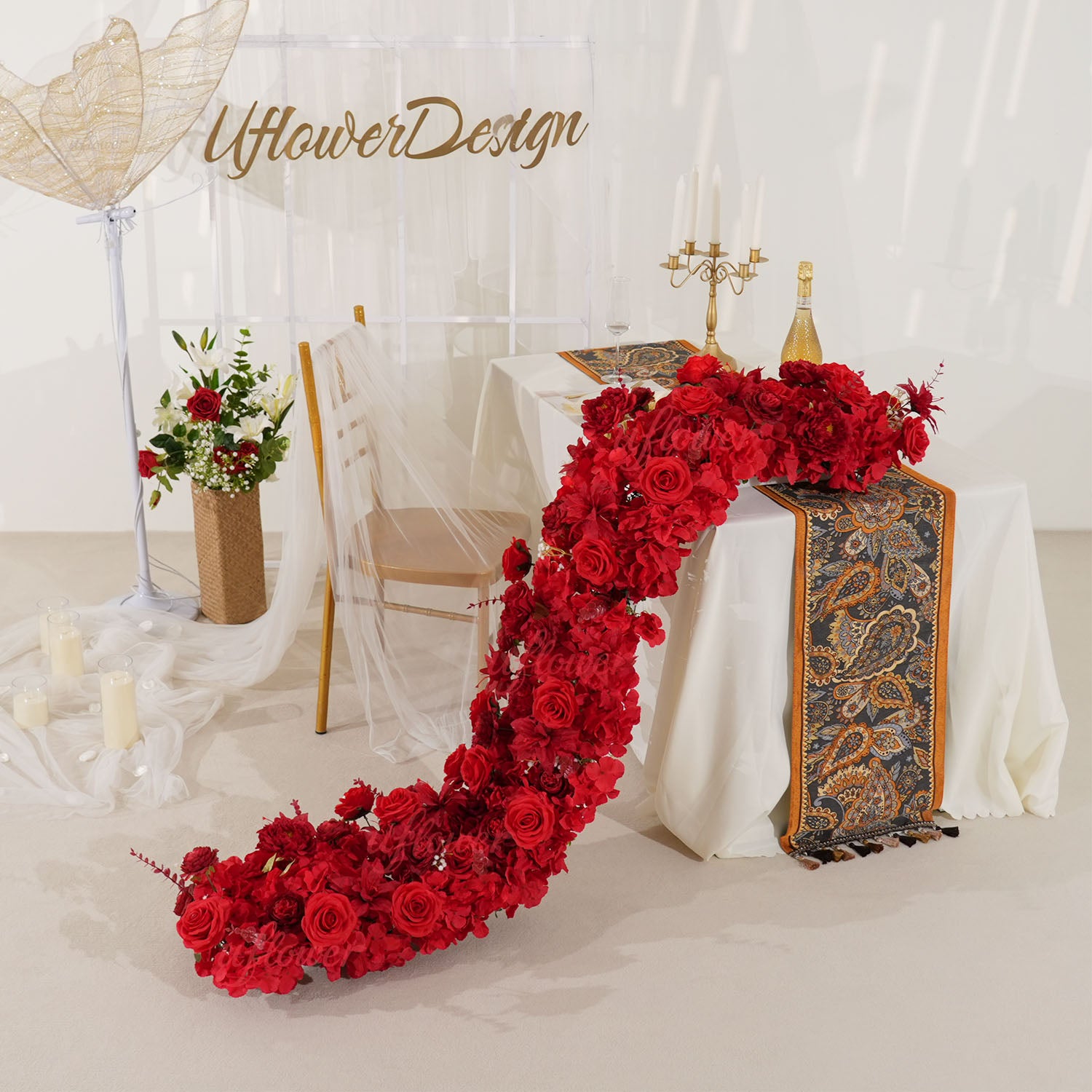 Uflower Artificial Red Rose Flower Row Wedding KT Backdrop Decor